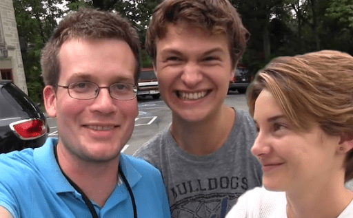John Green (left) with the two stars of the film, Elgort and Woodley.